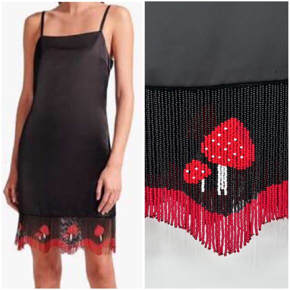 STAUD Jour Slip Dress Mushroom Fringe Beaded Trim Square Neck Mini Satin Black